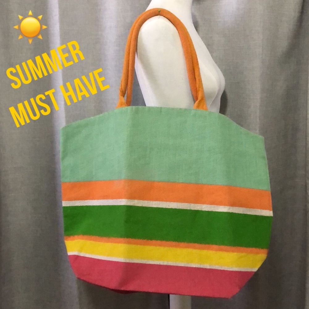 Summer Must Have Large Jute Tote-Vibrant Multi Striped Pattern-21x17x8-Two’s Co.